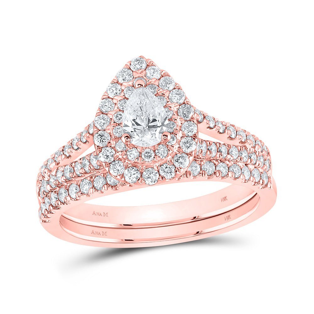 Romantic Rose Gold Pear Diamond Halo Bridal Wedding Ring Band Set - Splendid Jewellery
