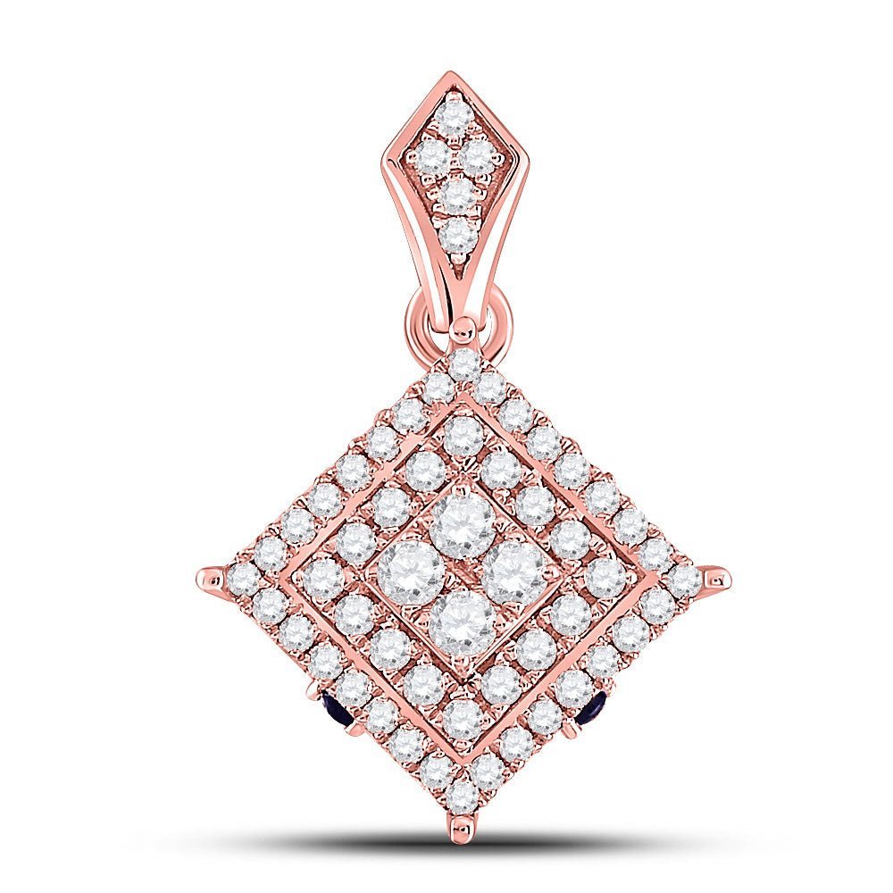 Rose Gold Diamond and Sapphire Cluster Pendant | Stunning 14kt Rose Gold Womens Round Diamond Offset Square Pendant with Lab Blue Sapphire | Splendid Jewellery - Splendid Jewellery