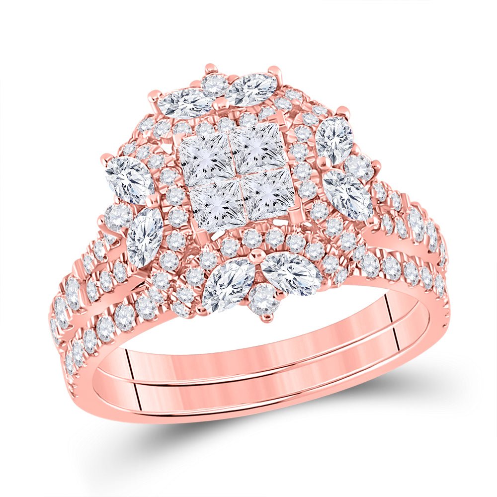 Rose Gold Diamond Cluster Bridal Wedding Ring Set - Enchanting Elegance - Splendid Jewellery