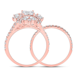 Rose Gold Diamond Cluster Bridal Wedding Ring Set - Enchanting Elegance - Splendid Jewellery