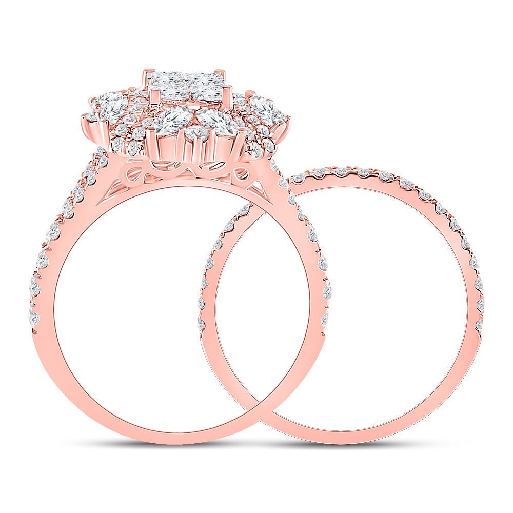 Rose Gold Diamond Cluster Bridal Wedding Ring Set - Enchanting Elegance - Splendid Jewellery