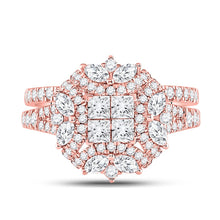 Load image into Gallery viewer, Rose Gold Diamond Cluster Bridal Wedding Ring Set - Enchanting Elegance - Front View