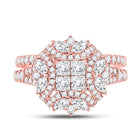 Rose Gold Diamond Cluster Bridal Wedding Ring Set - Enchanting Elegance - Front View