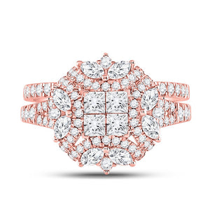 Rose Gold Diamond Cluster Bridal Wedding Ring Set - Enchanting Elegance - Splendid Jewellery