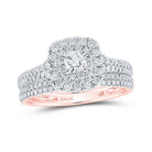 Rose Gold Radiance: 14kt Round Diamond Square Halo Bridal Wedding Ring Band Set - Splendid Jewellery