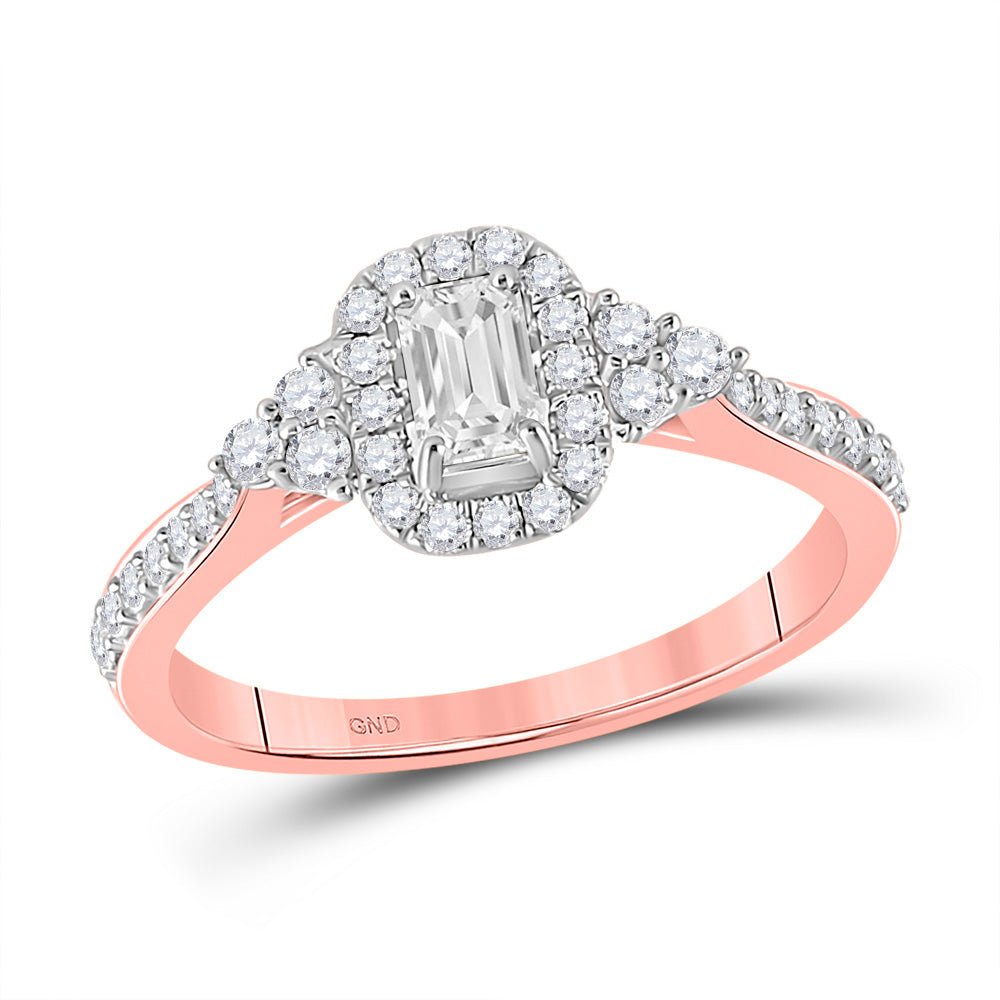 Rose Radiance: 14kt Rose Gold Emerald Diamond Halo Bridal Wedding Engagement Ring 3/4 Cttw - Splendid Jewellery