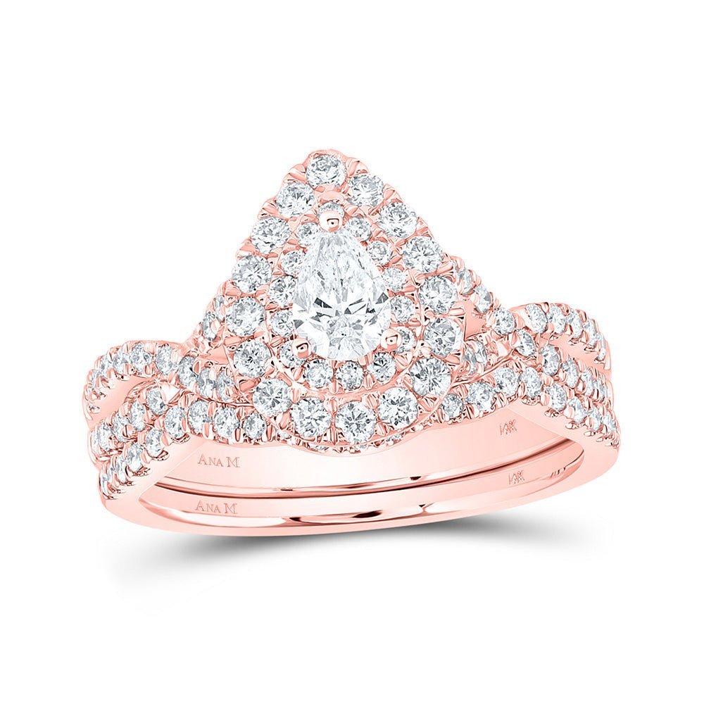 Rose Radiance: 14kt Rose Gold Pear Diamond Halo Bridal Wedding Ring Band Set 1 Cttw - Splendid Jewellery