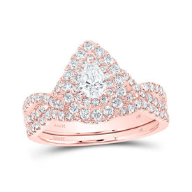 Rose Radiance: 14kt Rose Gold Pear Diamond Halo Bridal Wedding Ring Band Set 1 Cttw - Splendid Jewellery