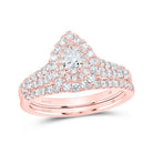 Rose Radiance: 14kt Rose Gold Pear Diamond Halo Bridal Wedding Ring Band Set - Splendid Jewellery
