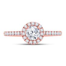 Load image into Gallery viewer, Rose Radiance: 14kt Rose Gold Round Diamond Halo Bridal Wedding Engagement Ring 3/4 Cttw - Front View
