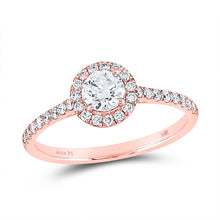 Load image into Gallery viewer, Rose Radiance: 14kt Rose Gold Round Diamond Halo Bridal Wedding Engagement Ring 3/4 Cttw - Top View