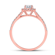 Load image into Gallery viewer, Rose Radiance: 14kt Rose Gold Round Diamond Halo Bridal Wedding Engagement Ring 3/4 Cttw - Side View