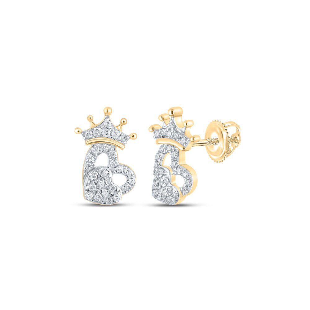 Royal Hearts: 10kt Yellow Gold Diamond Crown Heart Earrings - Splendid Jewellery