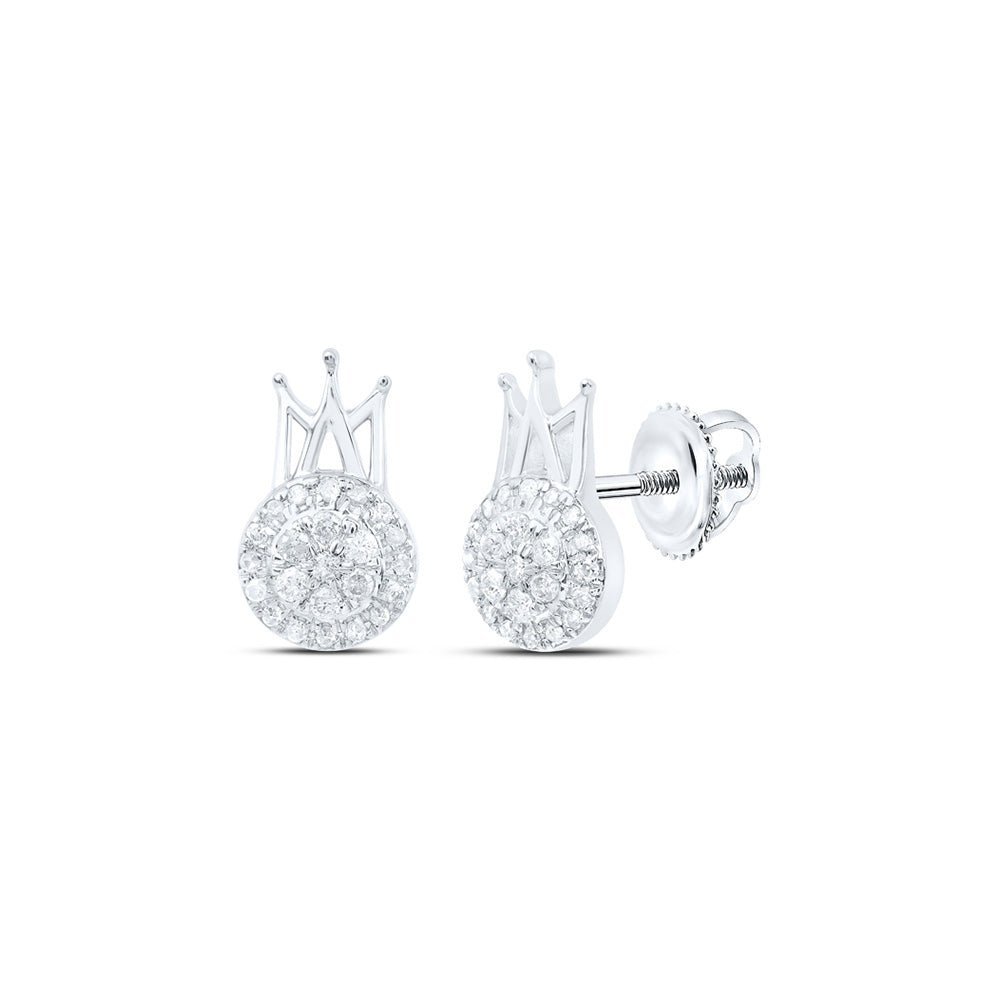 Royal Radiance: 10kt White Gold Womens Round Diamond Crown Earrings 1/5 Cttw - Splendid Jewellery