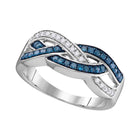 Sapphire Serenade | 10kt White Gold Womens Round Blue Color Enhanced Diamond Crossover Band Ring 1/3 Cttw | Splendid Jewellery Front View from Splendid Jewellery