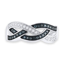 Load image into Gallery viewer, Sapphire Serenade | 10kt White Gold Womens Round Blue Color Enhanced Diamond Crossover Band Ring 1/3 Cttw | Splendid Jewellery Side View 2 from Splendid Jewellery