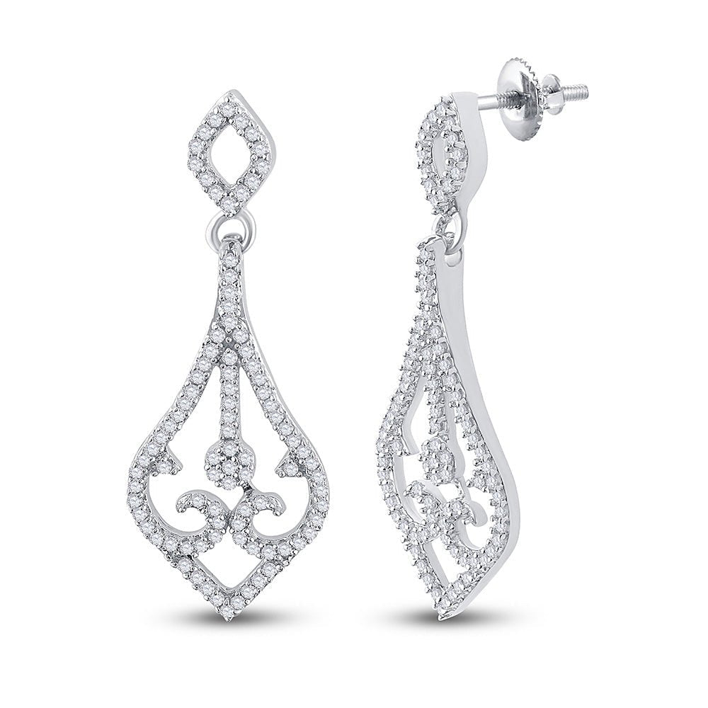 Scrolling Brilliance: 10kt White Gold Diamond Teardrop Dangle Earrings - Splendid Jewellery