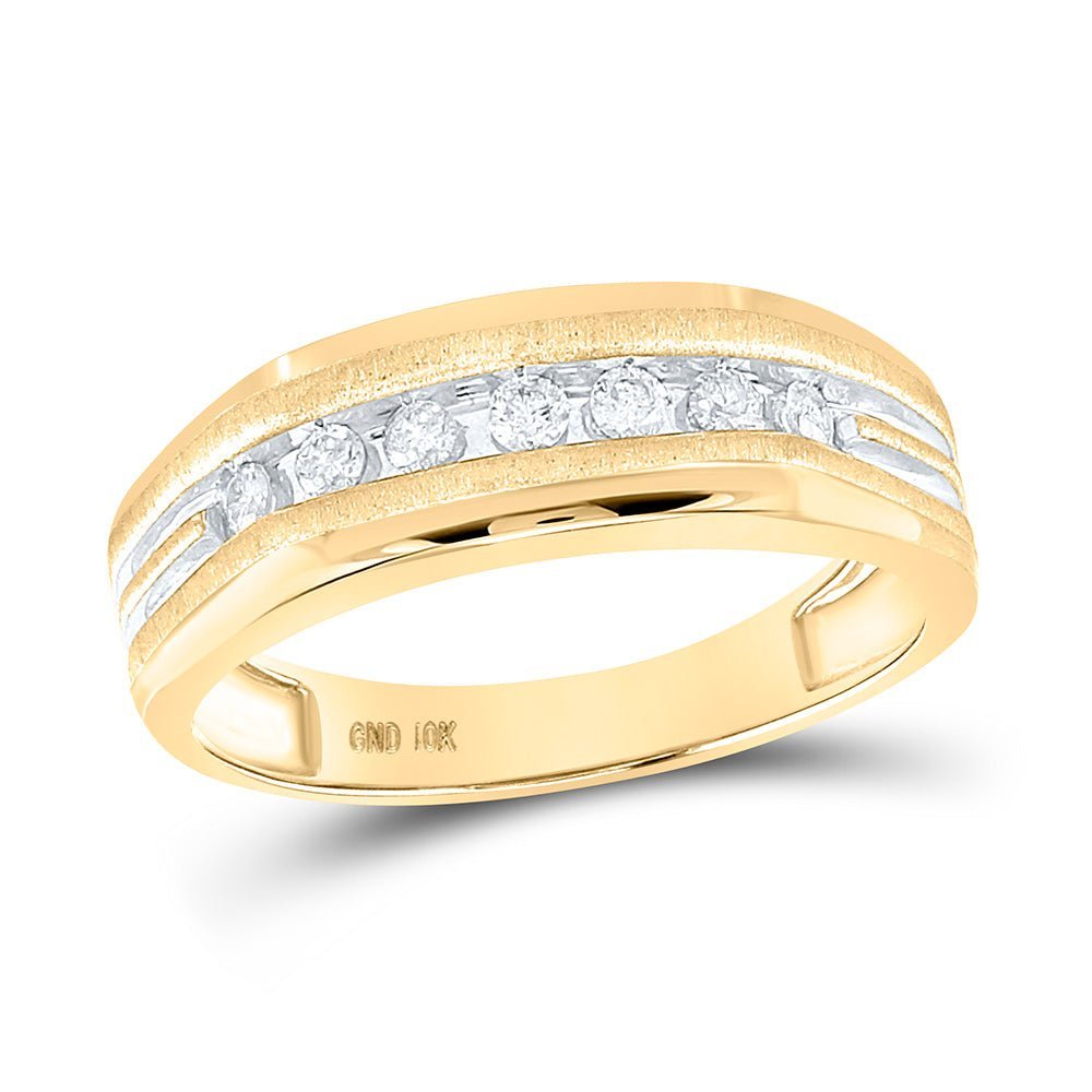 Sophisticated Brilliance: 10kt Two - tone Yellow Gold Mens Round Diamond Grooved Wedding Band Ring 1/4 Cttw - Splendid Jewellery