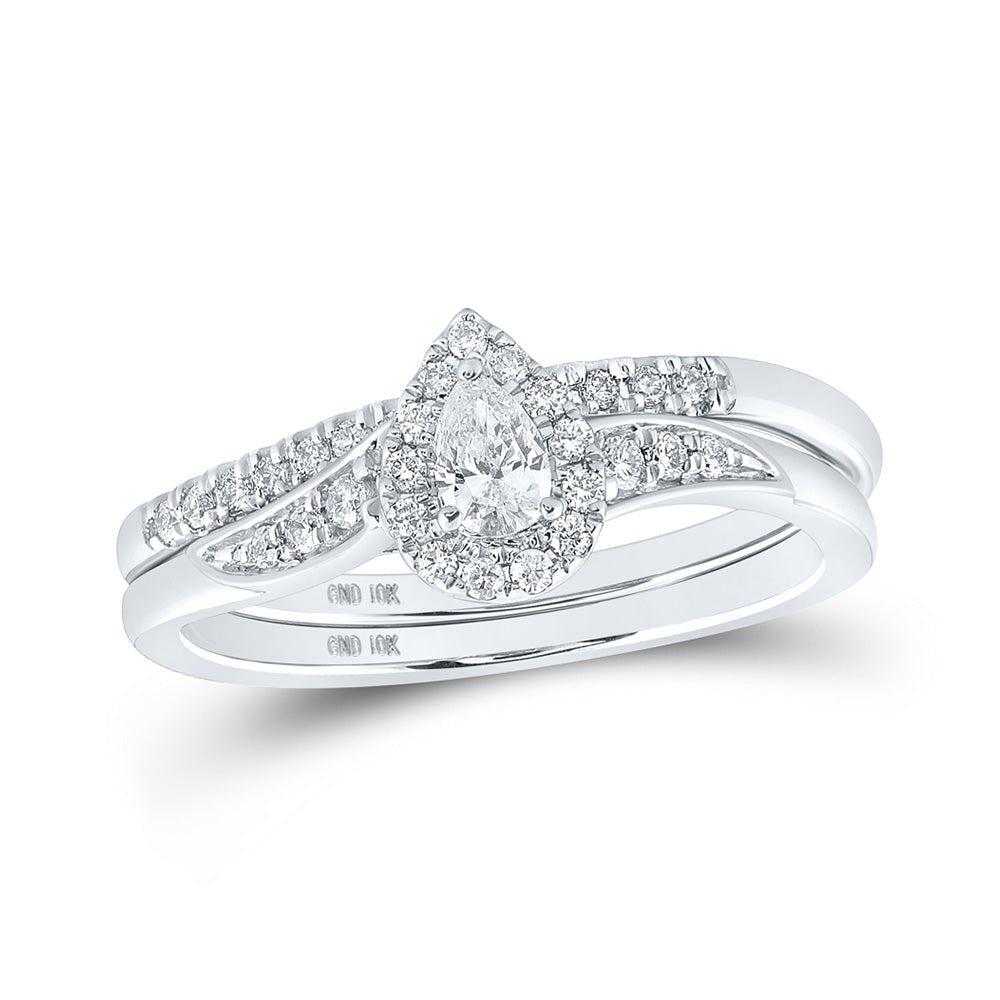 Sparkling Elegance: 10kt White Gold Pear Diamond Halo Bridal Wedding Ring Band Set 1/3 Cttw - Splendid Jewellery