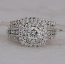 Load image into Gallery viewer, Sparkling Halo Diamond and Sapphire Bridal Wedding Ring Set - Front View