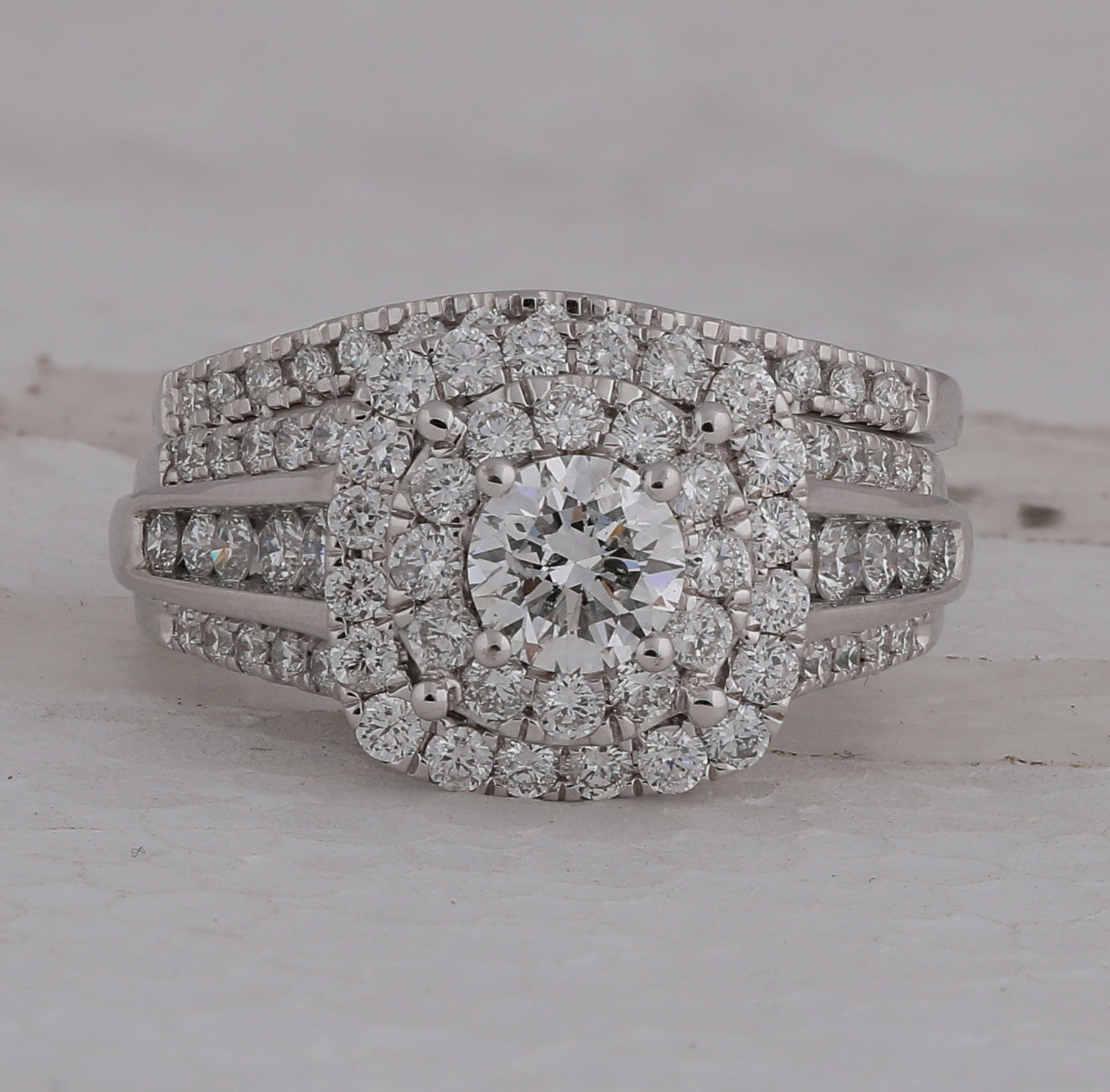 Sparkling Halo Diamond and Sapphire Bridal Wedding Ring Set - Splendid Jewellery