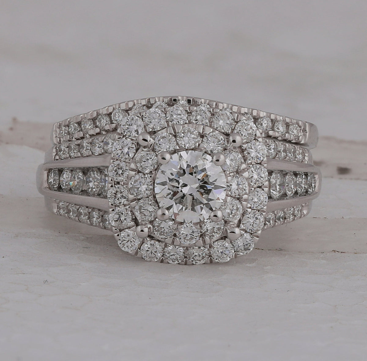 Sparkling Halo Diamond and Sapphire Bridal Wedding Ring Set - Splendid Jewellery