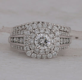 Sparkling Halo Diamond and Sapphire Bridal Wedding Ring Set - Splendid Jewellery