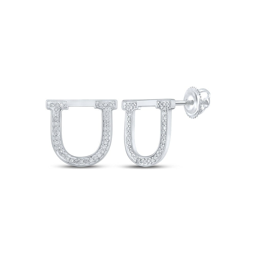 Sparkling Initial Brilliance: 10kt White Gold Womens Round Diamond U Initial Letter Earrings 1/6 Cttw - Splendid Jewellery