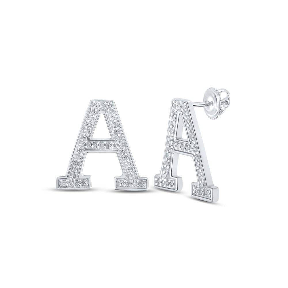Sparkling Initials: 10kt White Gold Womens Round Diamond A Initial Letter Earrings 1/6 Cttw - Splendid Jewellery