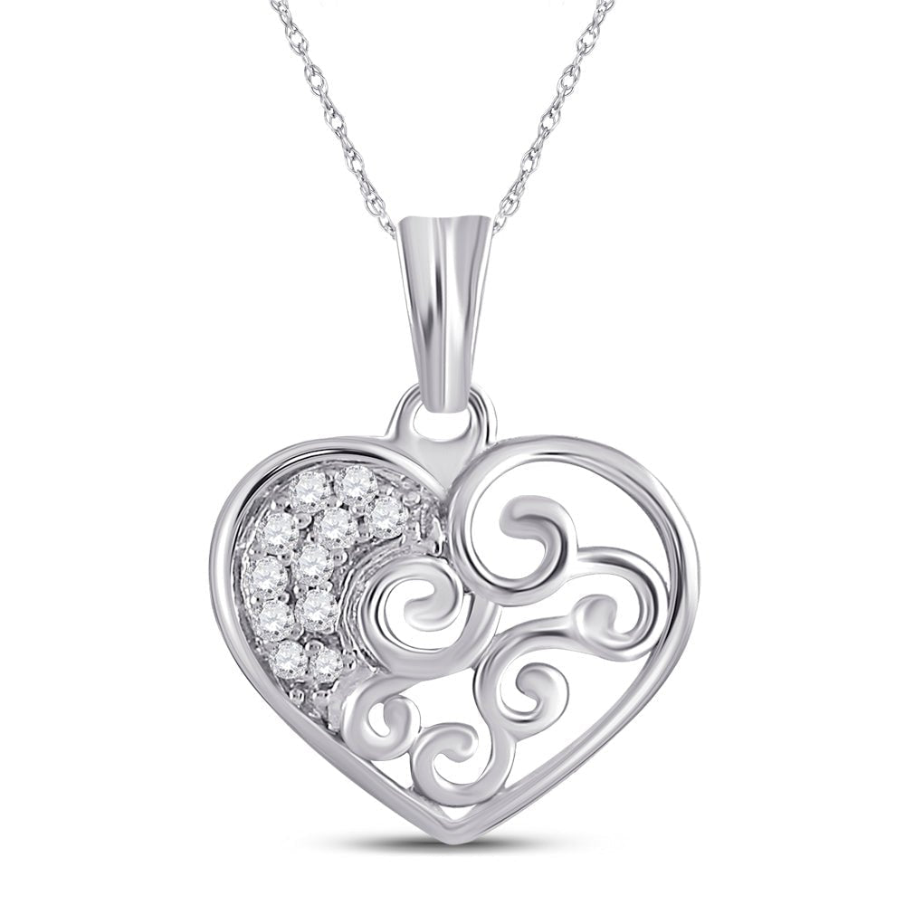 Sparkling Love Affair Diamond Pendant | 10kt White Gold Womens Round Diamond Curl Heart Pendant 1/12 Cttw - Splendid Jewellery