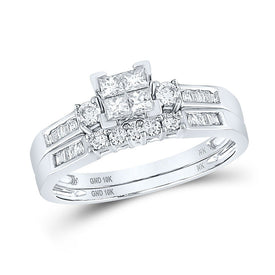 Sparkling Princess Diamond Square Bridal Wedding Ring Band Set in 10kt White Gold - Splendid Jewellery