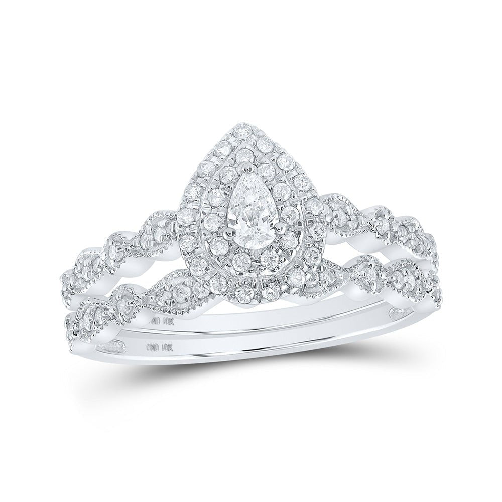 Sparkling Splendor: 10kt White Gold Pear Diamond Halo Bridal Wedding Ring Band Set 3/8 Cttw - Splendid Jewellery
