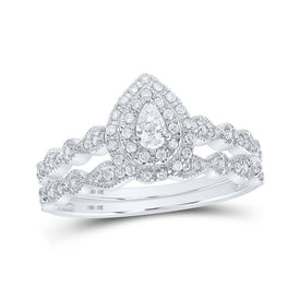 Sparkling Splendor: 10kt White Gold Pear Diamond Halo Bridal Wedding Ring Band Set 3/8 Cttw - Splendid Jewellery