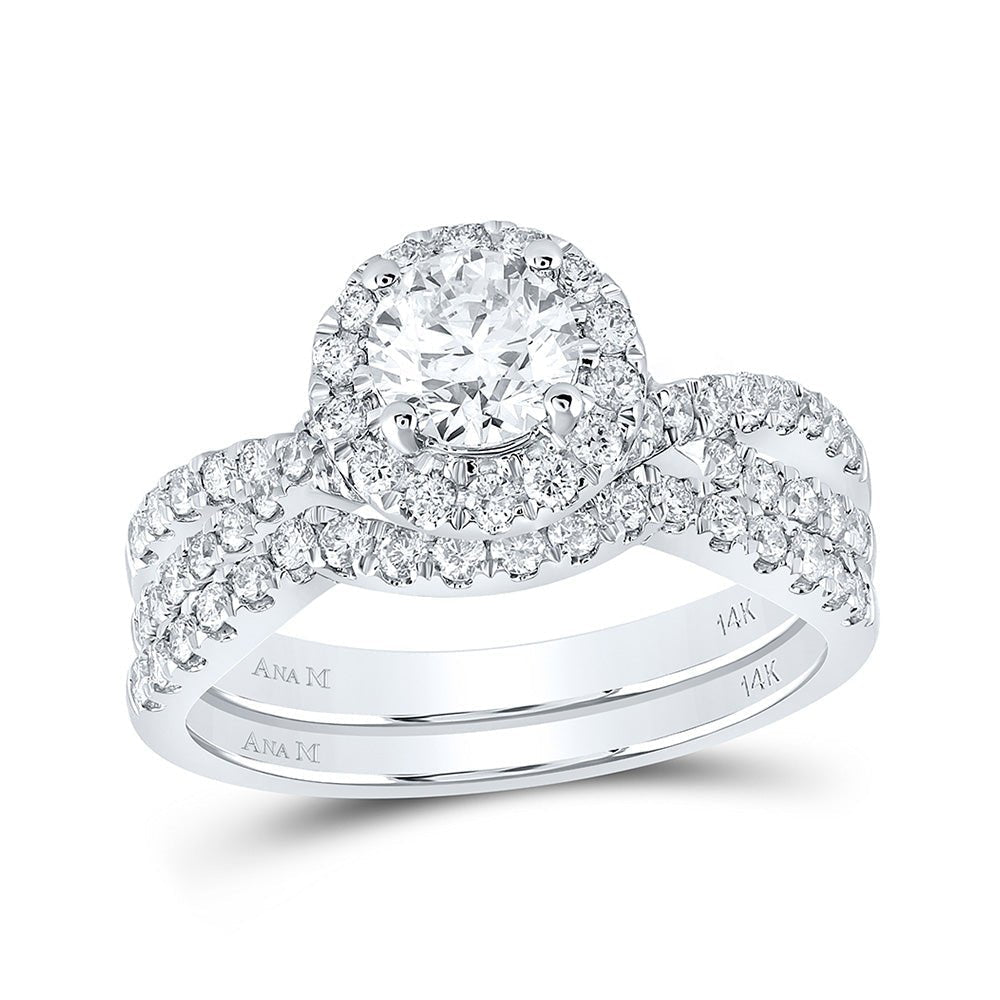 Sparkling Splendor: 14kt White Gold Diamond Halo Bridal Wedding Ring Band Set - Splendid Jewellery