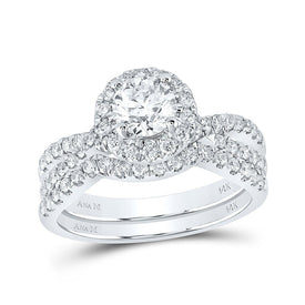 Sparkling Splendor: 14kt White Gold Diamond Halo Bridal Wedding Ring Band Set - Splendid Jewellery