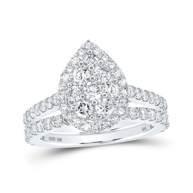 Sparkling Tears: 10kt White Gold Diamond Teardrop Bridal Wedding Ring Band Set - Splendid Jewellery