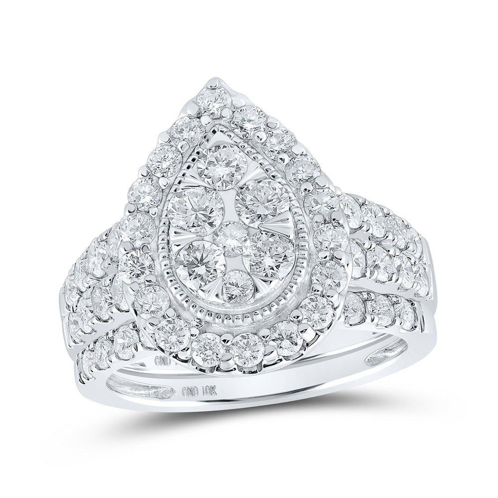 Sparkling Tears of Love | 10kt White Gold Diamond Teardrop Cluster Wedding Ring Set - Splendid Jewellery