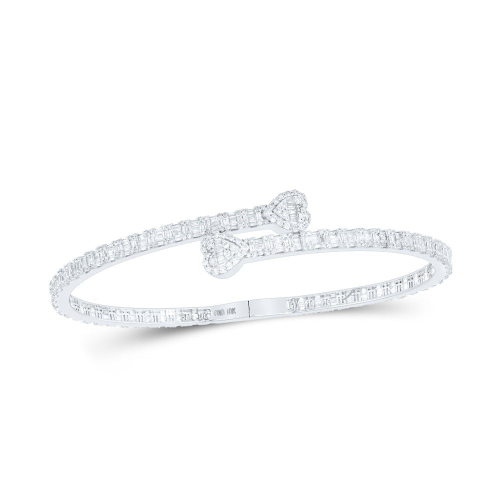 Sparkling White Gold Baguette Diamond Heart Cuff Bangle Bracelet - 2 - 5/8 Cttw - Splendid Jewellery