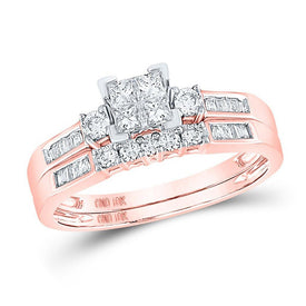 Splendid Jewellery 10kt Rose Gold Princess Diamond Bridal Wedding Ring Band Set - Splendid Jewellery