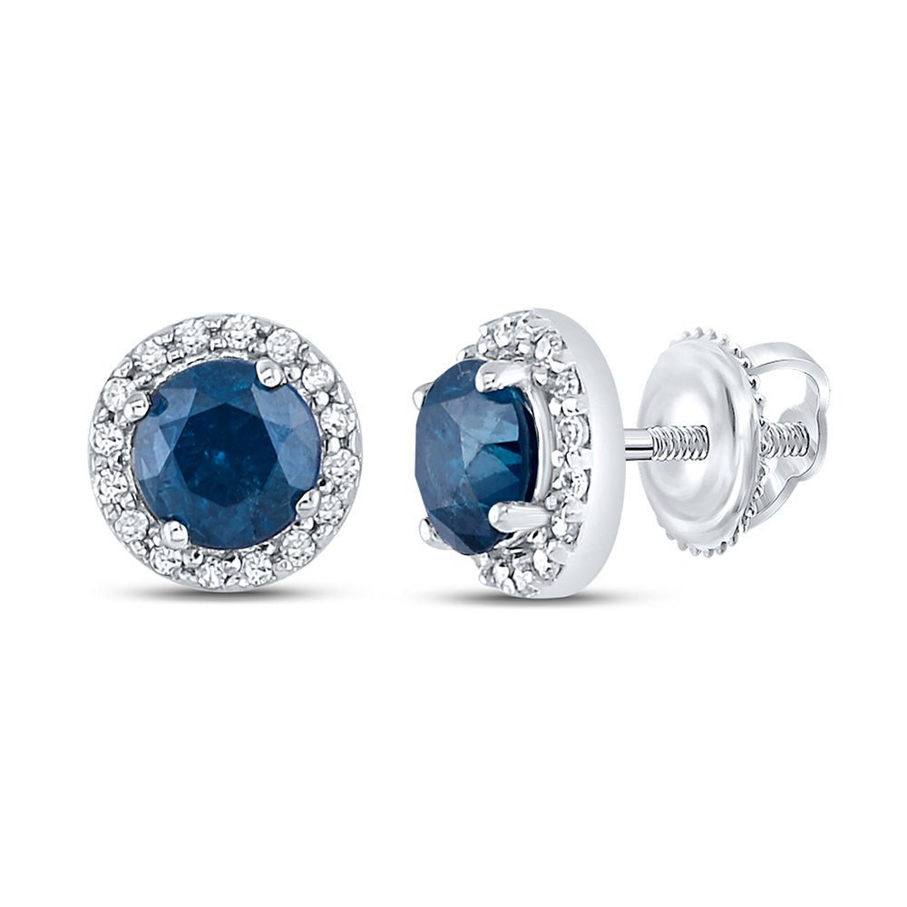 Splendid Jewellery 10kt White Gold Womens Round Blue Sapphire Halo Earrings - Splendid Jewellery