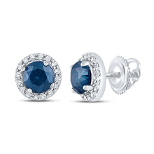 Load image into Gallery viewer, Splendid Jewellery 10kt White Gold Womens Round Blue Sapphire Halo Earrings - Splendid Jewellery