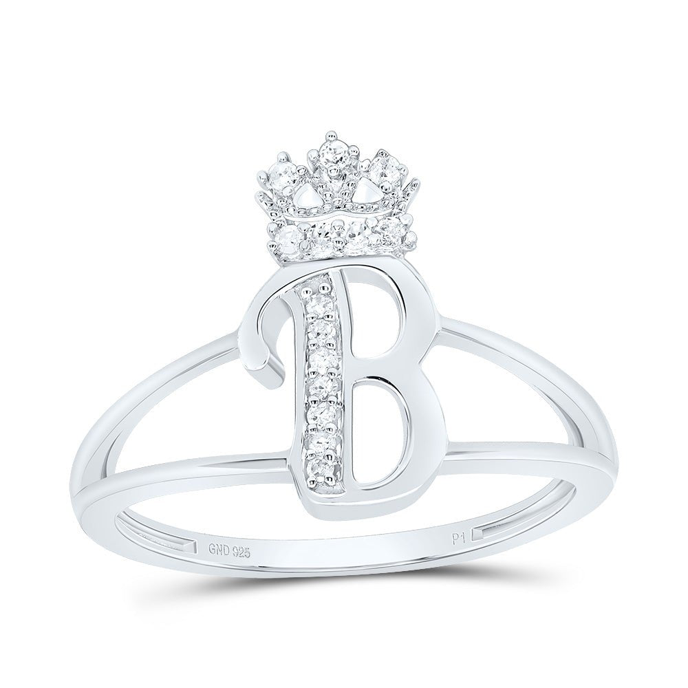 Sterling Silver Diamond Initial "B" Crown Women's Ring 1/12 Cttw - Splendid Jewellery