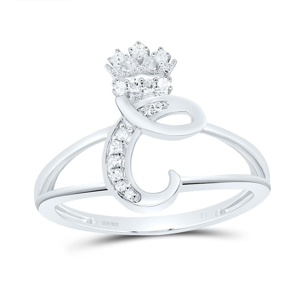 Sterling Silver Diamond Initial "C" Crown Women's Ring 1/12 Cttw - Splendid Jewellery
