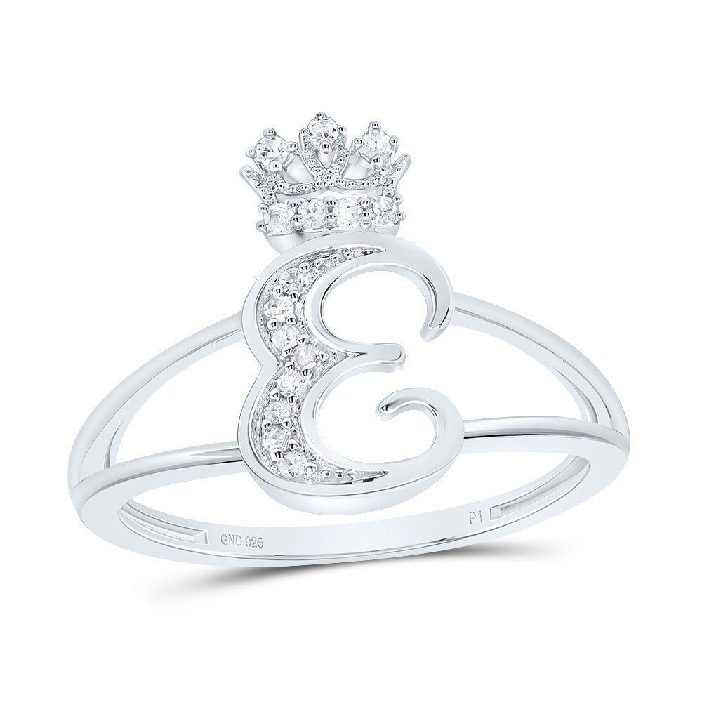 Sterling Silver Diamond Initial "E" Crown Women's Ring 1/10 Cttw - Splendid Jewellery