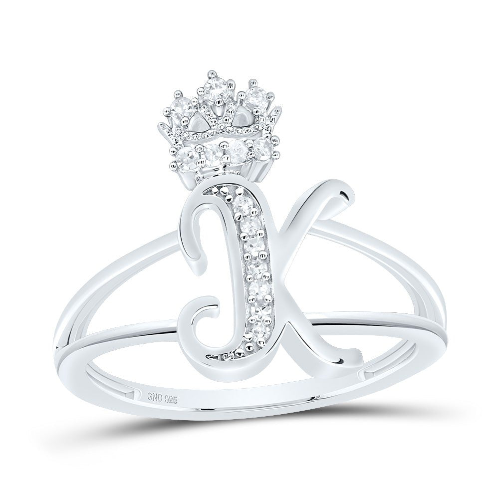 Sterling Silver Diamond Initial "K" Crown Women's Ring 1/12 Cttw - Splendid Jewellery