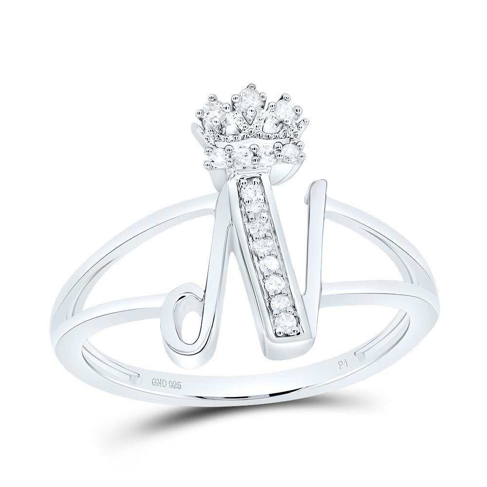 Sterling Silver Diamond Initial "N" Crown Women's Ring 1/12 Cttw - Splendid Jewellery