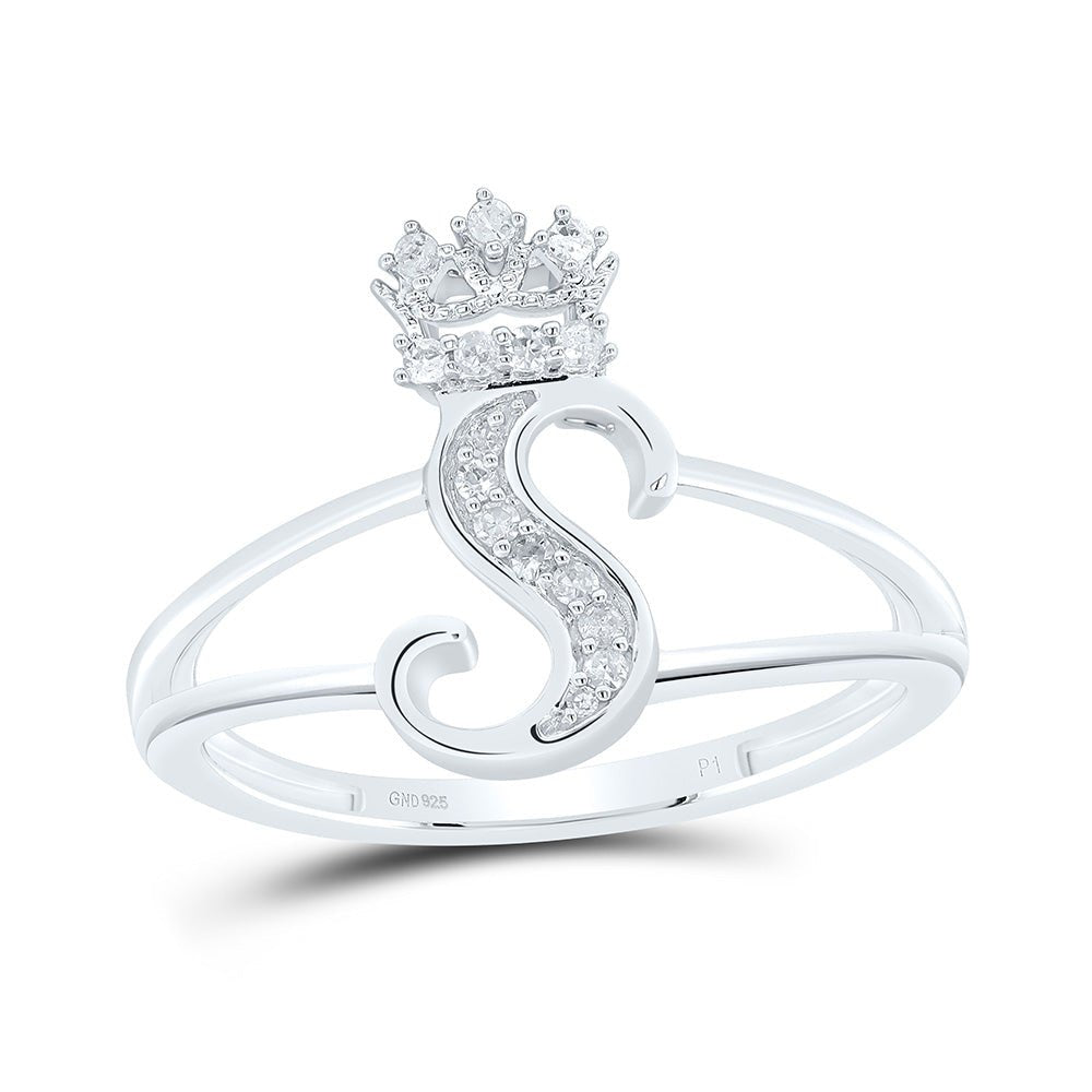 Sterling Silver Diamond Initial "S" Crown Women's Ring 1/12 Cttw - Splendid Jewellery