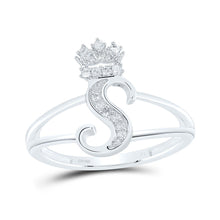 Load image into Gallery viewer, Sterling Silver Diamond Initial "S" Crown Women's Ring 1/12 Cttw - Splendid Jewellery