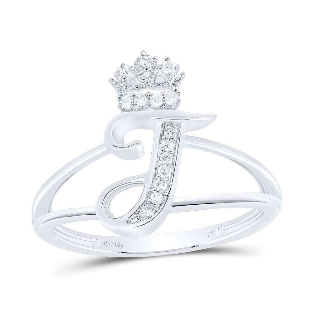 Sterling Silver Diamond Initial "T" Crown Women's Ring 1/12 Cttw - Splendid Jewellery