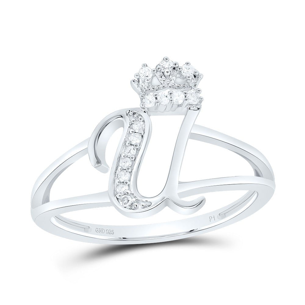 Sterling Silver Diamond Initial "U" Crown Women's Ring 1/12 Cttw - Splendid Jewellery